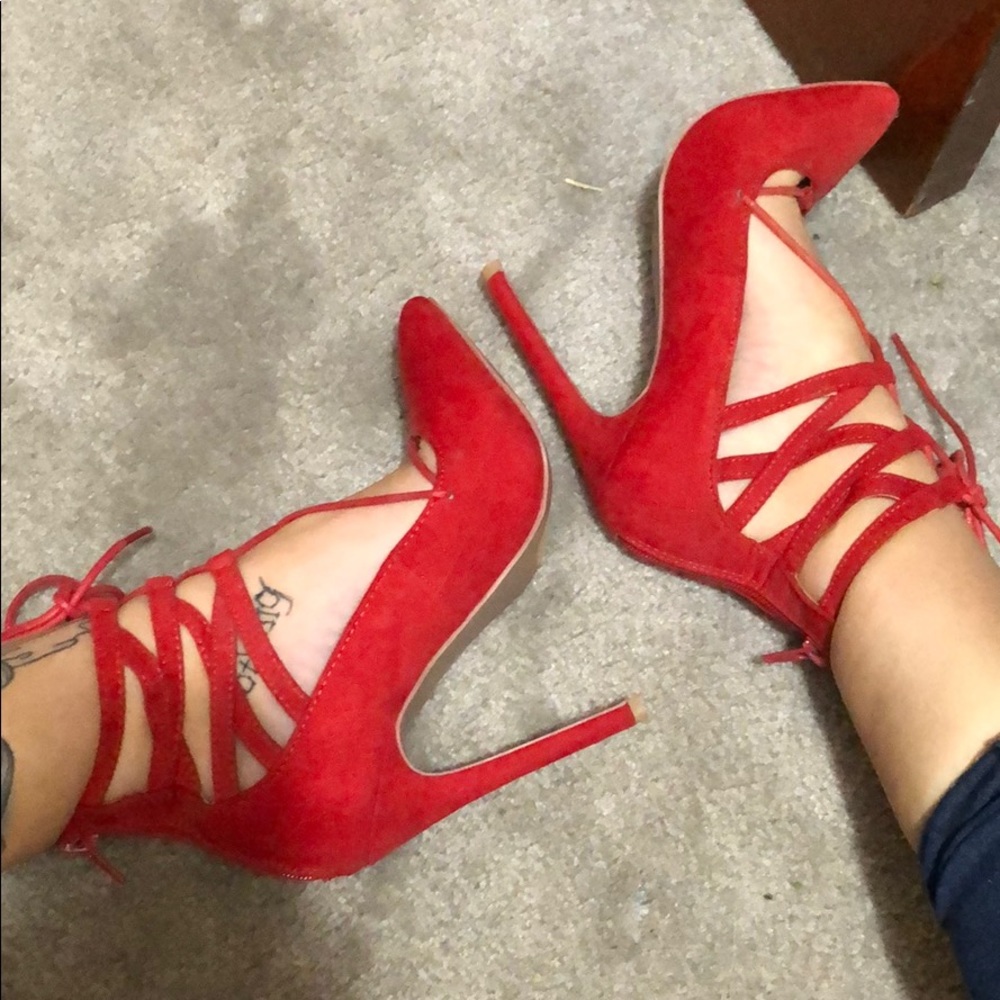 Red lace up heels